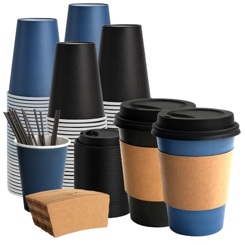 100 Pack 12 oz Disposable Coffee Cups with Lids and Sleeves (Black/Blue / 12oz)