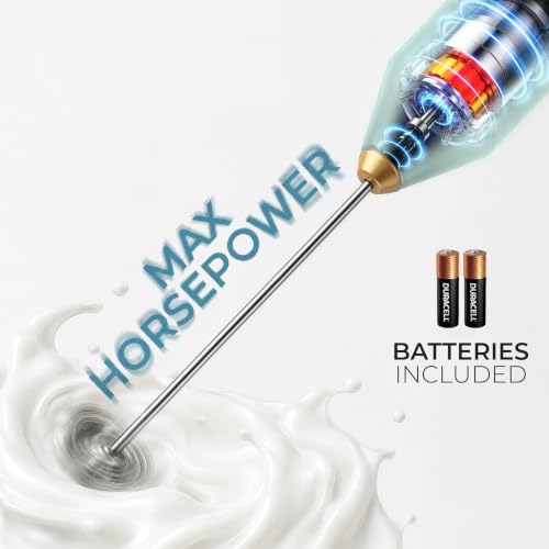 Powerful Milk Frother AA Batteries Included (Organic Green & Gold / Compact Frother + Batteries)