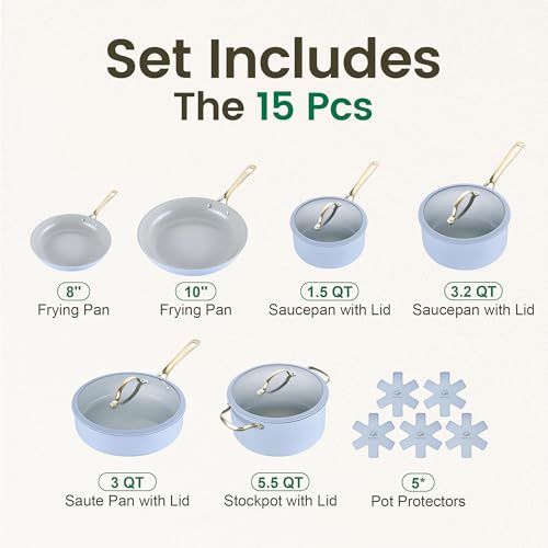 Ceramic Cookware Sets (Light Blue / 15Pcs Set)