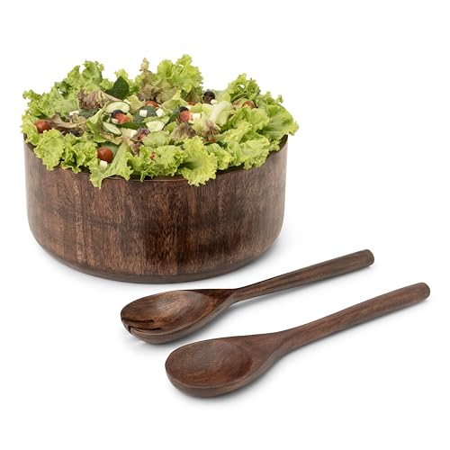 12" Dark Burnt Wooden Salad Bowl Set with Serving Utensils Eco (Dark Burnt / Extra Large)