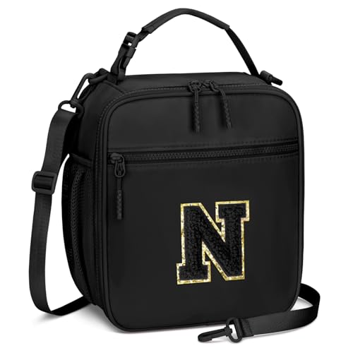 Lunch Box Kids Large Initial Insulated Lunch Bag for Girls (Black / N)