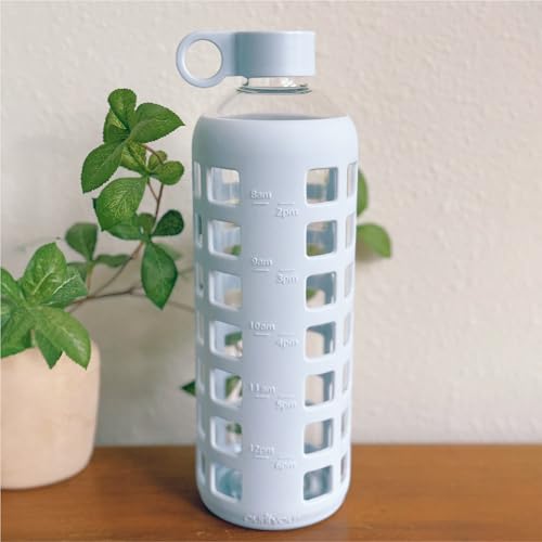 40oz / 32oz / 22oz / 12oz Borosilicate Glass Water Bottle with Time & Volume Markers, Silicone Sleeve, Stainless Steel Lid | Reusable Glass Bottle for Water & Juice (32oz Ice Blue) (Ice Blue (1 Count) / 32 Ounces)