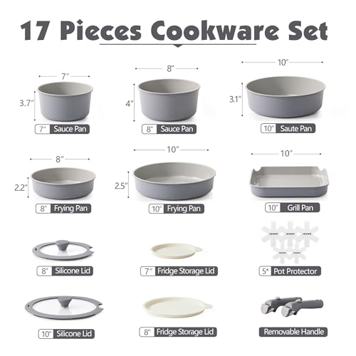 17 Piece Ceramic Detachable Handle Pots and Pans Set Gray (Gray / 17 Piece)