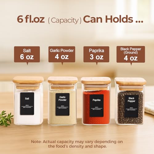 Square Glass Spice Jars with Labels 6 oz 12 Pack with Bamboo Lids (12 Count)