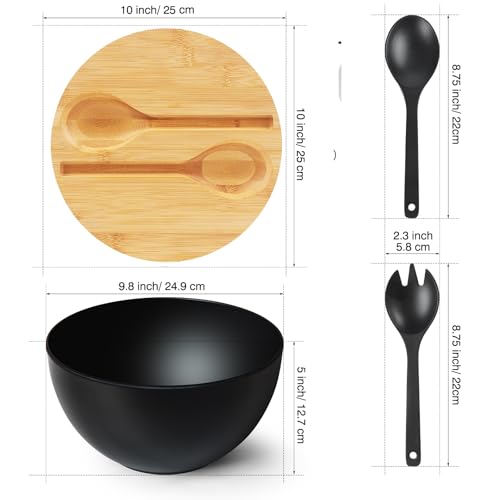 10" Large Salad Serving Bowl with Utensils in Lid (9.84 inch / Matte Black)