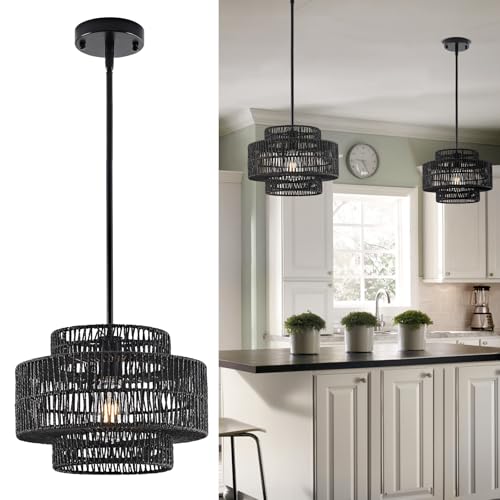 12.4" Black Rattan Pendant Light for Kitchen (Black / 12.4" 1-Light)