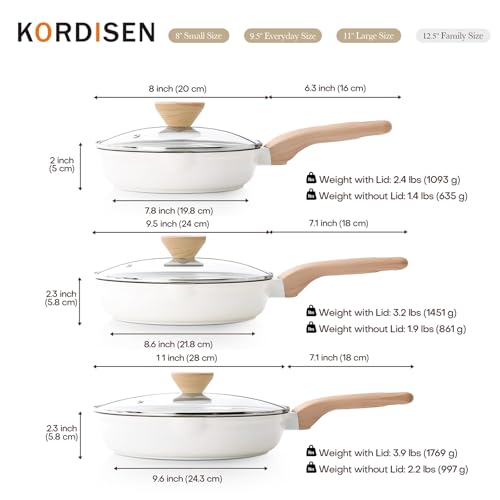 Ceramic Nonstick Frying Pan Skillet Set with Lid (White Ceramic / 8+9.5+11 Inch w/ Lid)