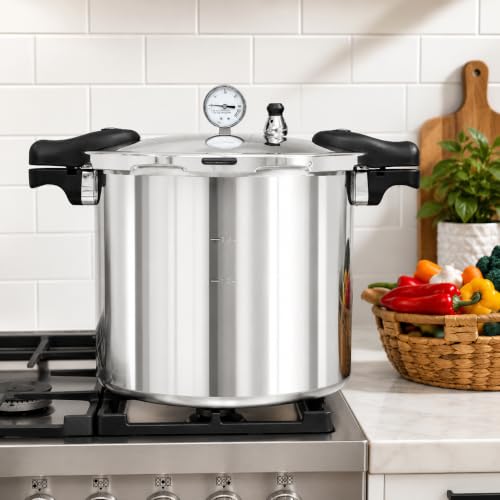 Pressure Canner Release Valve Aluminum Canning Pot Cooker Pot Stove Top with Pressure Gauge Instant Fast Cooking Pot Stewing Locking System (23.3 Quarts)