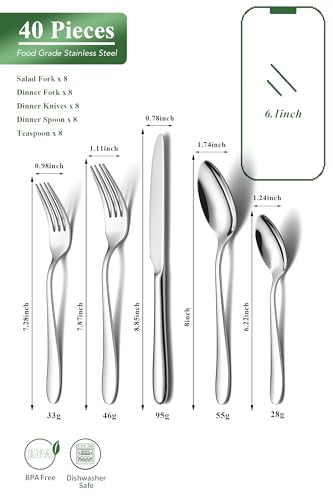 40 Piece Silverware Set for 8 (Silver)
