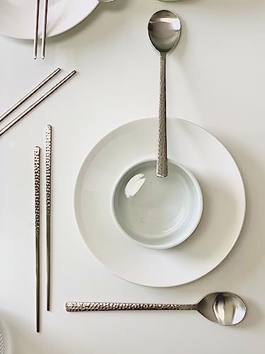 Korean Made Silver Glossy Hammered Stainless Steel Korean Spoon & Chopstick SET Gift for Mom Stocking Stuffer (4SET)