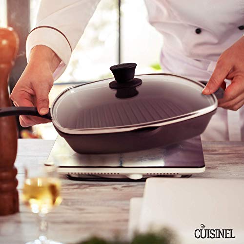 Cast Iron Square Grill Pan + Glass Lid + Pan Scraper + Handle Cover (Grill Pan + Lid)