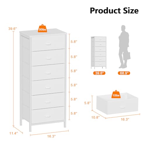 White Dresser for Bedroom (White / 11.5"D x 16"W x 39.6"H (6 Drawers))