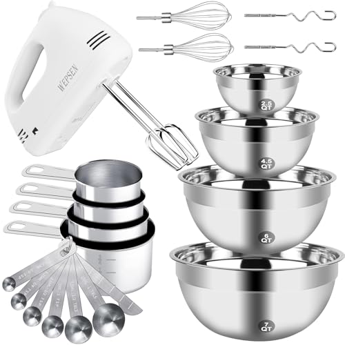 Hand Mixer Electric Mixing Bowls Set (A-White)