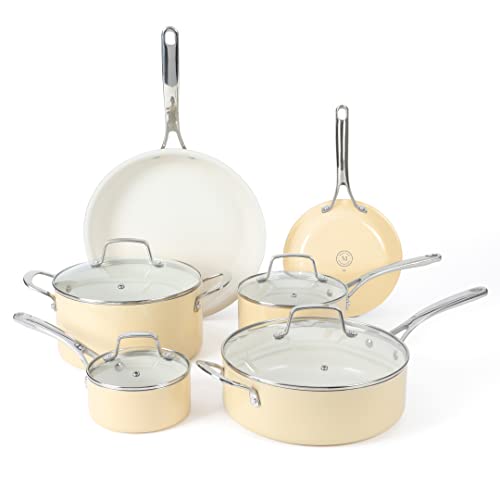 Lockton Premium Nonstick PFA Free Ceramic Interior 10 Piece Enamel Heavy Gauge Aluminum Pots and Pans Cookware Set (Butter Cream / 10-Piece Set)