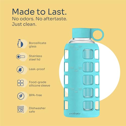 40oz / 32oz / 22oz / 12oz Borosilicate Glass Water Bottle with Time & Volume Markers, Silicone Sleeve, Stainless Steel Lid | Reusable Glass Bottle for Water & Juice (22oz Aqua Blue) (Aqua Blue (1 Count) / 22 Ounces)