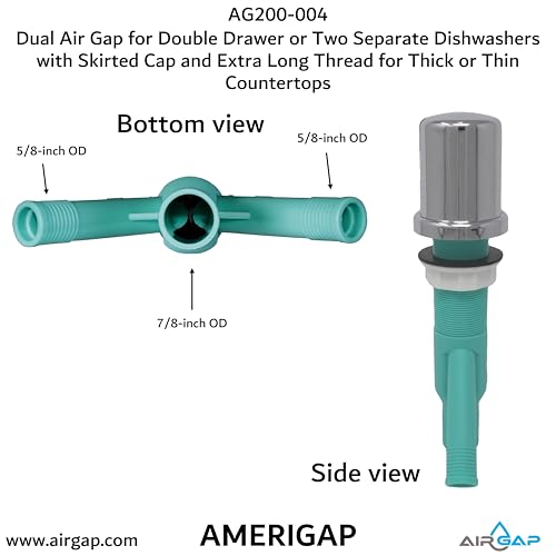 Dual Air Gap for Double Drawer or Two Separate Dishwashers with Skirted Cap and Extra Long Thread for Thick or Thin Countertops (AG200-004)