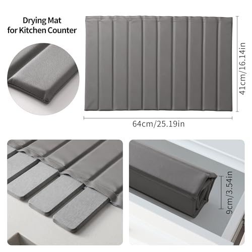 Stone Dish Drying Mat with PU Leather Surface for Kitchen Counter (Medium Gray / 24.8" x 15.7")