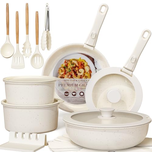21 Pcs Pots and Pans Set Non Stick (Cream White / 21 Piece)