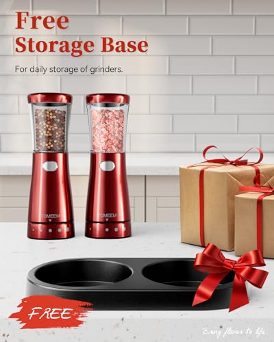 Electric Salt and Pepper Grinder Set with Storage Base (Bright Red)