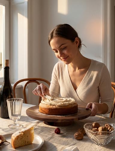 13" Acacia Cake Stand Rotating with Non (Walnut)