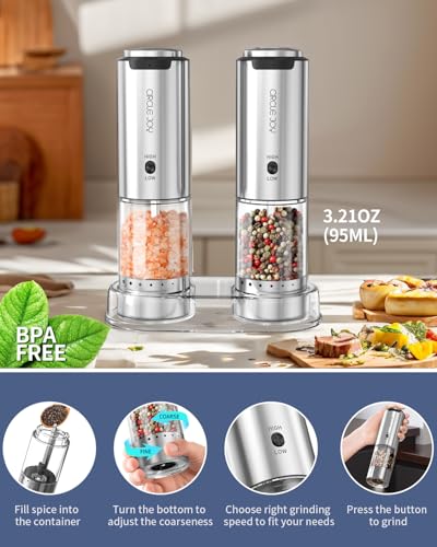 Electric Salt and Pepper Grinder Set Stainless Steel Rechargeable Salt and Pepper Grinder Set (2-Speed Rechargeable Set with Base)