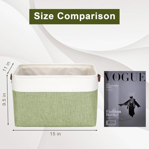 Storage Bins Large Fabric Storage Baskets for Shelves 3 Pack (Green / Off-White / Large -15"x11"x9.5")