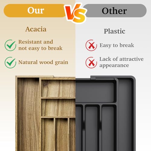 Acacia Wood Kitchen Silverware Drawer Organizer (9 Slots)