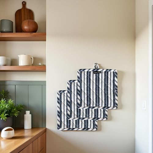 Double Stripe Pot Holders Heat Resistant Cotton Set of 3 Nonslip 8"x8" Inch Hot Pads for Kitchen (8x8 inches / Double Stripe Blue)