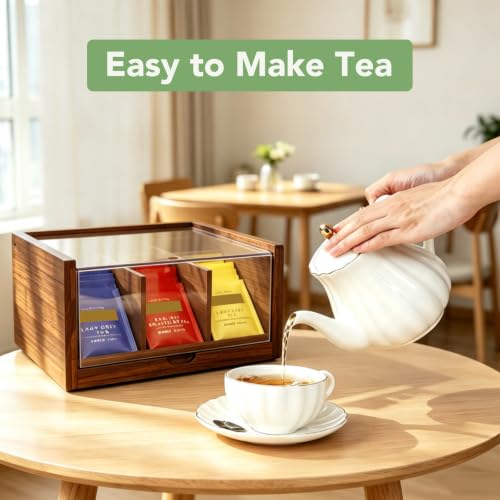 Acacia Wood Tea Bag Organizer Storage Box with 6 Compartments (Compact-Acacia Wood)