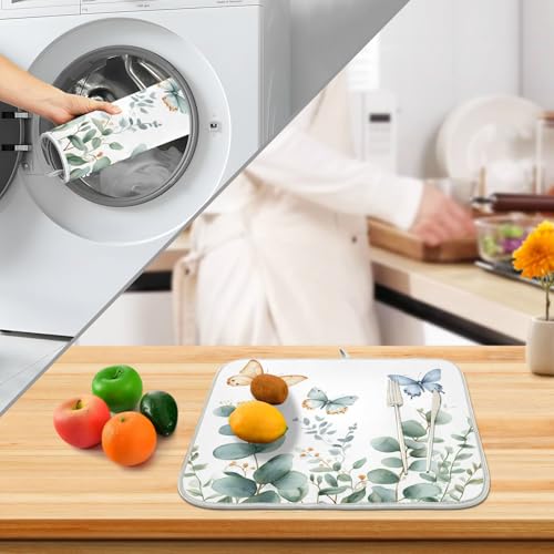 Spring Eucalyptus Green Leaf Dish Drying Mat for Kitchen Counter Absorbent Microfiber Small Drying Pad Dish mats for Kitchen Countertops 16 x 18 Inch (Green Leaf / 18" x 16")
