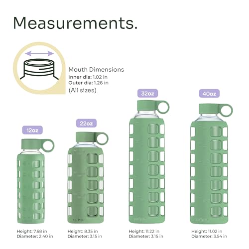 40oz / 32oz / 22oz / 12oz Borosilicate Glass Water Bottle with Time & Volume Markers, Silicone Sleeve, Stainless Steel Lid | Reusable Glass Bottle for Water & Juice (40oz Shale Green) (Shale Green (1 Count) / 40 Ounces)