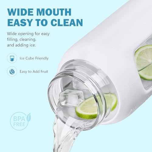 32 oz Glass Water Bottle with Straw and 2 Lids (White / 32 Ounces)