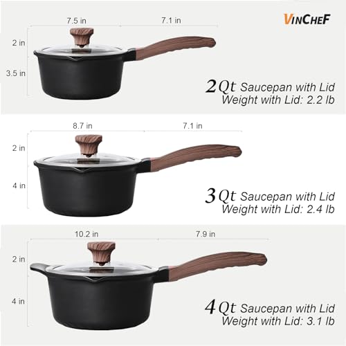 10PCS Sauce Pan Set (Black / 2 Quarts + 3 Quarts + 4 Quarts)