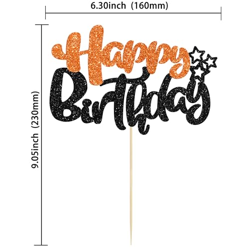 1Pcs Happy Birthday Cake Topper Glitter Happy Birthday Cake Pick for Halloween Baby Shower Theme Anniversary Party Cake Decorations Supplies Black Orange (Style 2 / Black Orange)