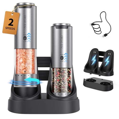 Rechargeable Salt and Pepper Grinder Set Stainless Steel Electric Pepper Grinders with Variable Grinding Speed (2-Speed Rechargeable Set with Charging Base)