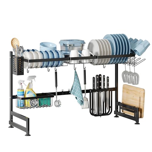 Over The Sink Dish Drying Rack with Utensil and Cup Holder (Black / 2 Tier, Over Sink)