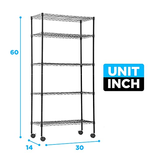 5 Tier Wire Shelf with Wheels (Black / 30×14×60)