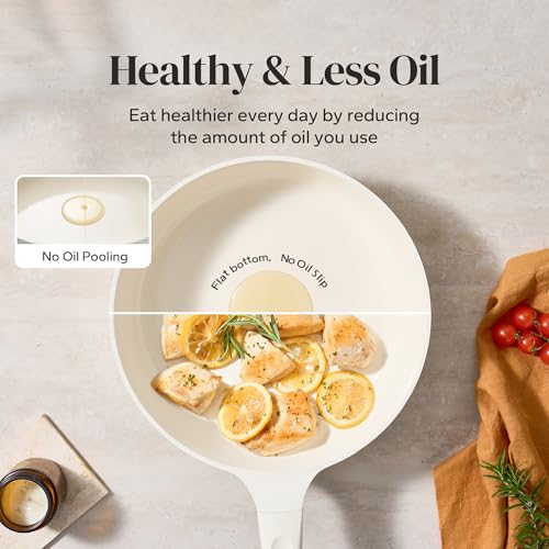 Ceramic Frying Pan with Glass Lid (Beige / 12inch Saute Pan With Lid)