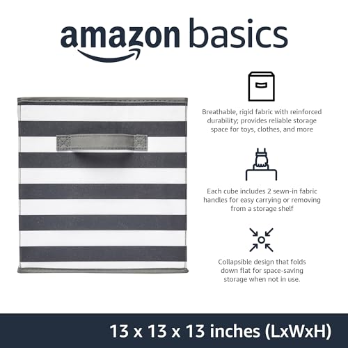 Collapsible Fabric Storage Bins with Handles (White/ Light Grey Stripe / 13"x13"x13")
