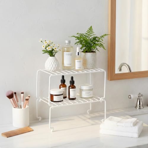 4-Pack Small (10.8x5.3inch) White Stackable Shelf Organizer Rack, Wire Shelf Rack for Kitchen Cabinet, Pantry, Desk Organization and Storage, Rustproof (Small Stackable / 4-PACK)