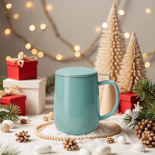20 OZ Porcelain Tea Mug with Infuser and Lid (Sea Blue)