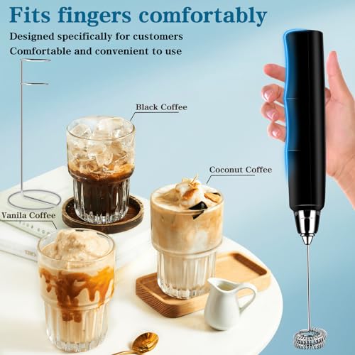 Milk Frother Wand Rechargeable Handheld Whisk Coffee 3 Speed Adjustable (Frother with stand / Black)