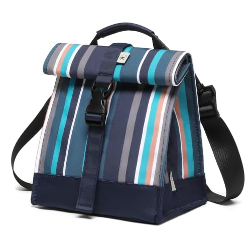 Insulated Lunch Bag Rolltop Lunch Box Tote Bag for Women (Navy Teal Stripe)