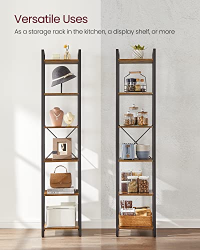 6 Tier Bookshelf (Rustic Brown + Ink Black / 6 Tiers (11.8"D x 15.7"W x 73.2"H))