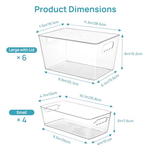 10 Pack Clear Storage Bins with Lid Set for Pantry Organizer (Set D)