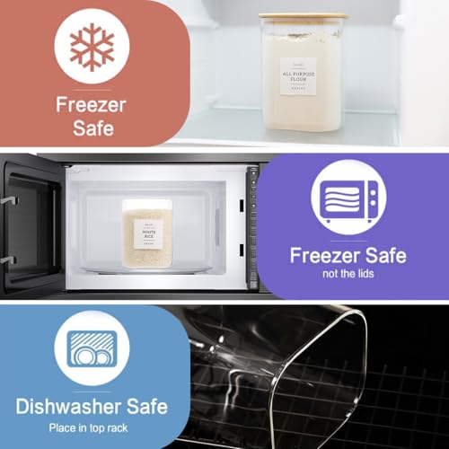 2 Pack large Square Glass Flour and Sugar Containers with 132 Kitchen Pantry Labels