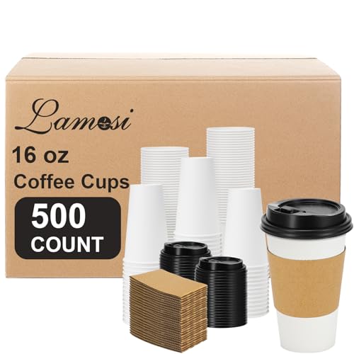 500 Pack 16 oz Disposable Coffee Cups With Lids and Sleeves (White / 16oz-500Pack)