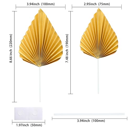 6Pcs Paper Palm Fan Cake Toppers Palm Leaf Fan Cake Topper Palm Spear Leaf Cupcake Toppers Cake Insert Decoration For Cake Decorating Diy Craft Project Home Wedding Party Supplies Gold (Gold)