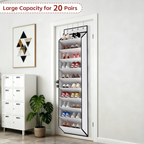 10 Tiers White Over Door Shoe Organizer Storage (White-1 Pack of 10 Pockets)