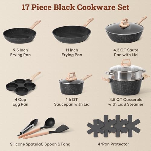 Pots and Pans Set Non Stick (Black / 17 Pieces)